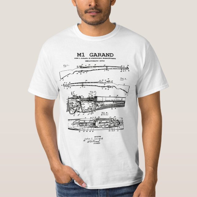 M1 Garand - World War 2 Weapon Blueprint Rifle T-Shirt (Front)