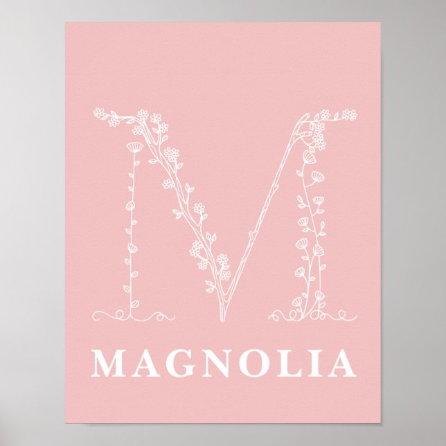 M Botanical Floral Monogram Custom Nursery Poster (Front)