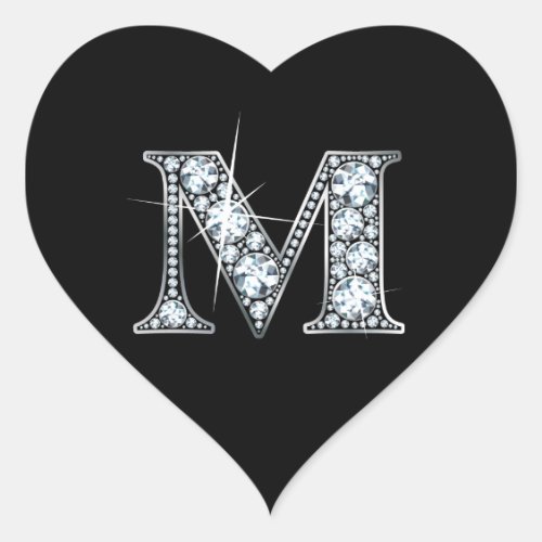 M Diamond Bling on Black Heart Sticker