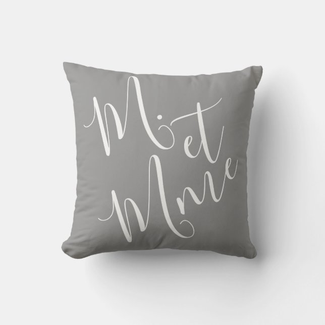 M. et Mme (French Mr. and Mrs.) Calligraphy Gray Throw Pillow (Front)