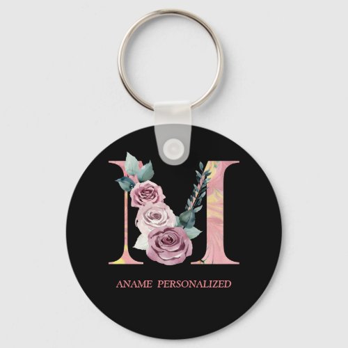 M Floral Monogram Name Letters Pink Agate Keychain