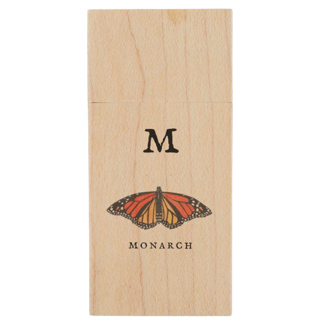 "M" for Monarch and Ladybug Wood Flash Drive (Front Vertical)