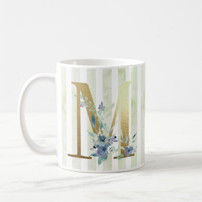 M,  golden initial on blue and white stripes coffee mug (Left)