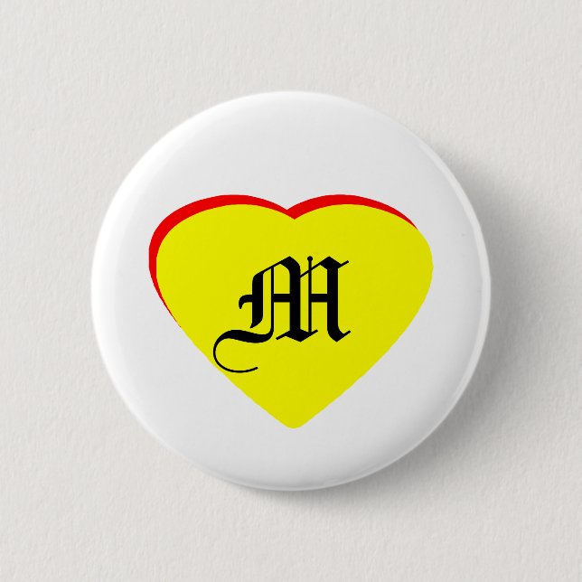 "M" Heart Yellow Red Wedding Invitation The MUSEUM Button (Front)