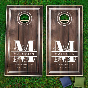 M Initial Monogram Family Name Rustic Wood Cornhole Set