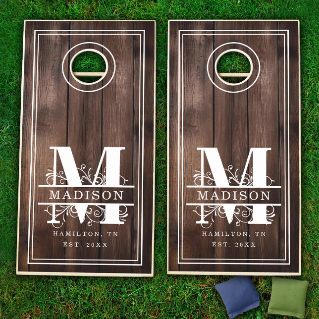 M Initial Monogram Family Name Rustic Wood  Cornhole Set (M Initial Monogram Family Name Rustic Wood Cornhole Set)