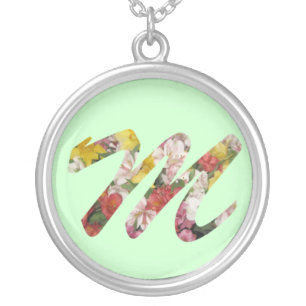 M Initial Necklace Flowers Design