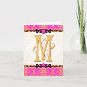M is for Merci Beaucoup Hot Pink Damask Thank You Card