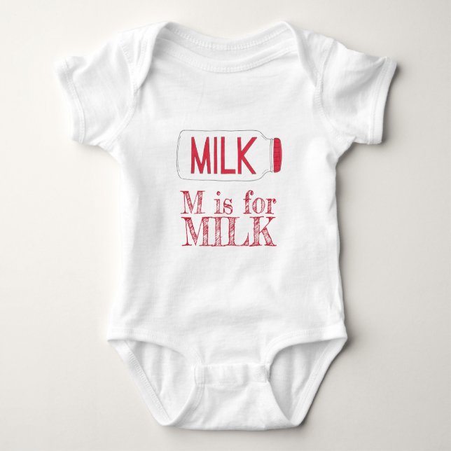 M is for MILK Jug Bottle Foodie Alphabet ABCs Baby Bodysuit (Front)