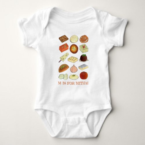 M is for MITHAI Indian Sweets Confectionery Food Baby Bodysuit