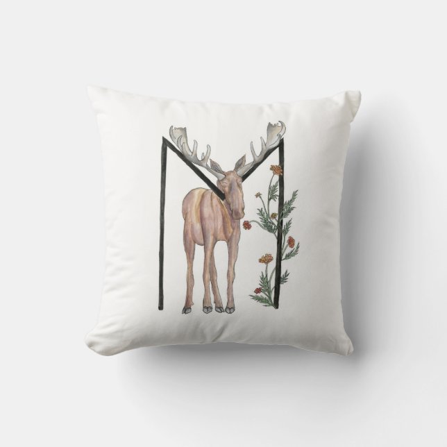 M is for Moose and Marigolds Throw Pillow (Front)