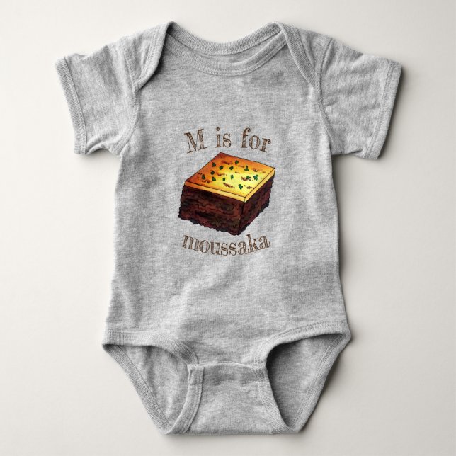 M is for Moussaka Greek Mediterranean Food Baby Bodysuit (Front)
