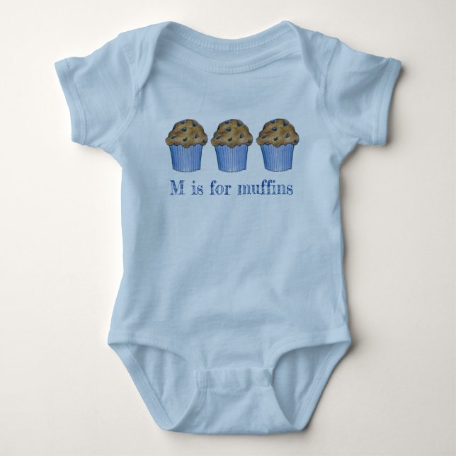 M is for Muffins Blueberry Muffin Baked Goods ABCs Baby Bodysuit (Front)
