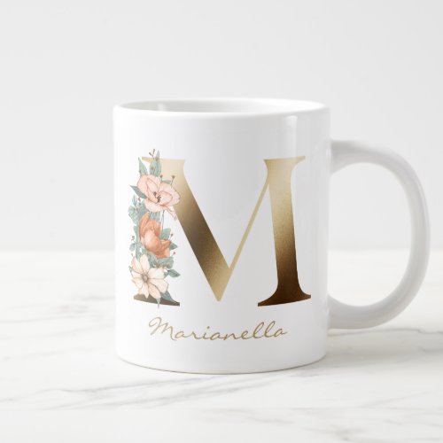 M Letter Gold Monogram Burnt Orange Florals Giant Coffee Mug