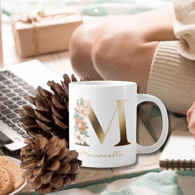 M Letter Gold Monogram Burnt Orange Florals Giant Coffee Mug (Creator Uploaded)