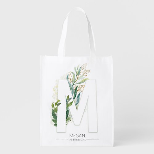 M Letter Monogram Elegant Gold Greenery Foliage Grocery Bag