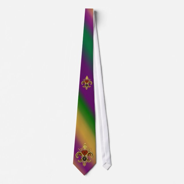 M-Letter Monogram Fleur de Liz  Mardi Gras Neck Tie (Front)