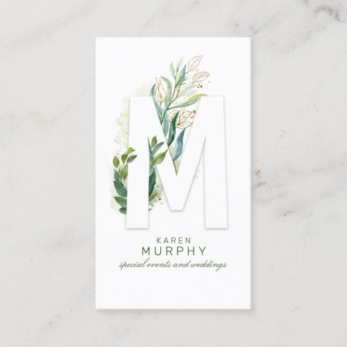 M Letter Monogram Gold Greenery Leaves Elegant Business Card