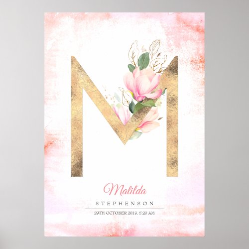 M Letter Monogram Gold Leaves Pink Magnolia Floral Poster