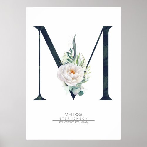 M Letter Monogram White Flowers and Greenery Poster
