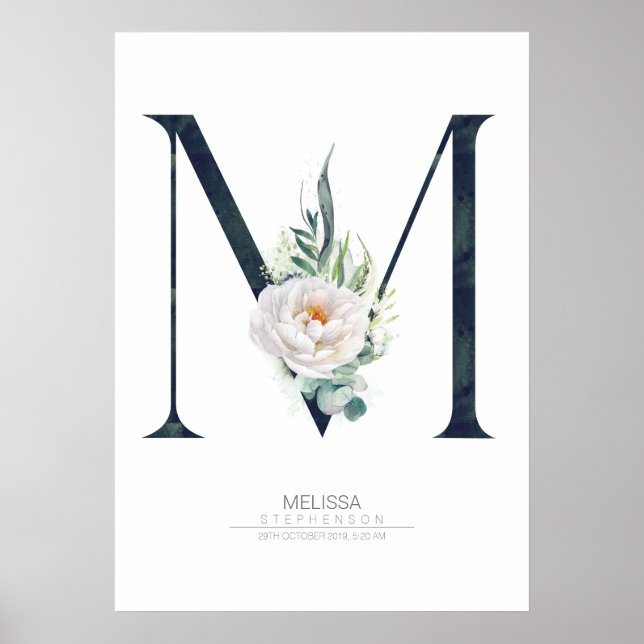 M Letter Monogram White Flowers and Greenery Poster (Front)