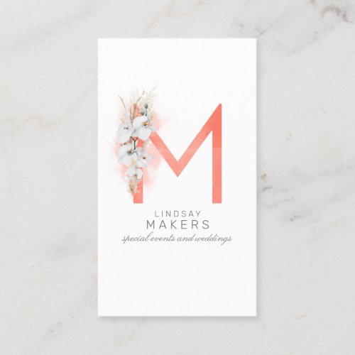 M Letter Monogram White Orchids and Pampas Grass Business Card