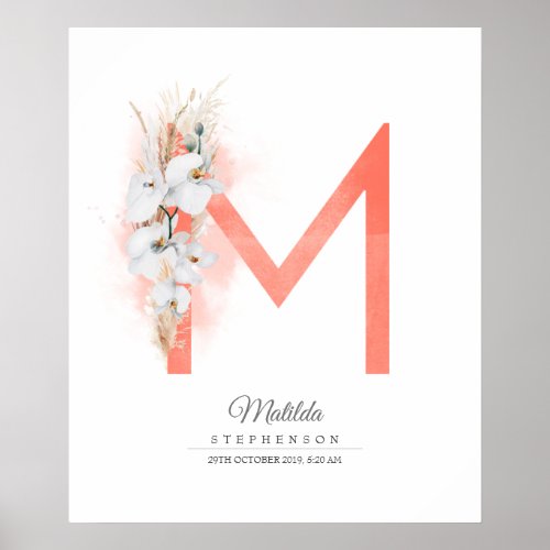 M Letter Monogram White Orchids and Pampas Grass Poster