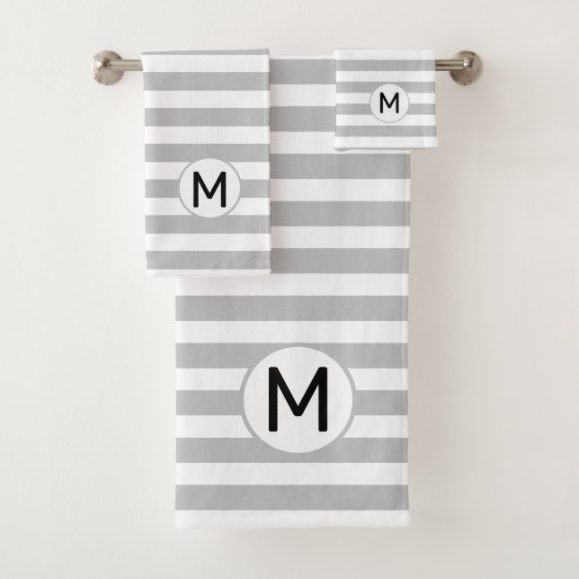 M letter on Silver Grey & White Striped Bath Towel Set (Insitu)