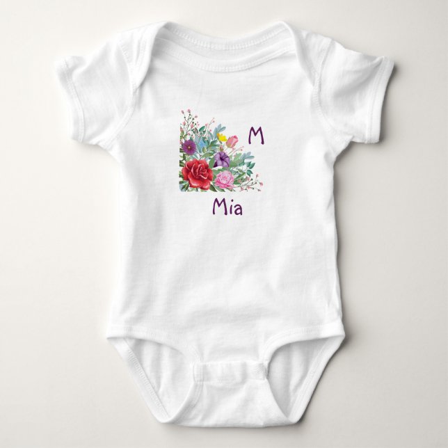 M Mia Personalize Letter Name, Rose Flowers Baby Bodysuit (Front)