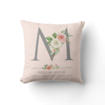 M Monogram Baby Girl | Birth Stats Heart Floral Throw Pillow