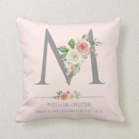 M Monogram Baby Girl | Birth Stats Heart Floral Throw Pillow