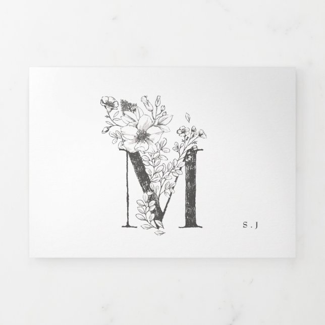 'M' Monogram Beautiful Sketched Floral Wedding Tri-Fold Invitation (Cover)