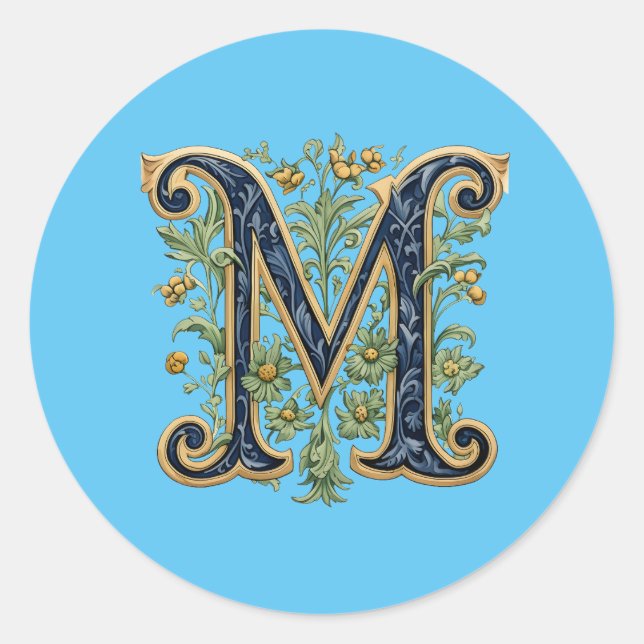 M monogram blue-gold flower classic round sticker (Front)