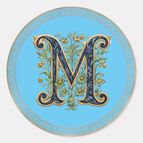 M monogram blue_gold flower classic round sticker