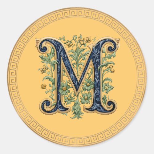 M monogram blue_gold flower classic round sticker