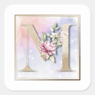 Feminine Faux Gold Foil Floral Letter M Monogram Square Sticker