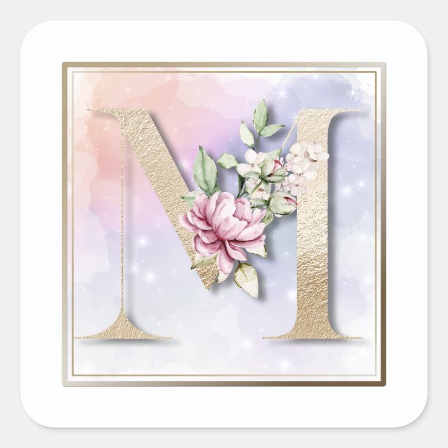 M Monogram Burgundy Floral Square Sticker (Front)