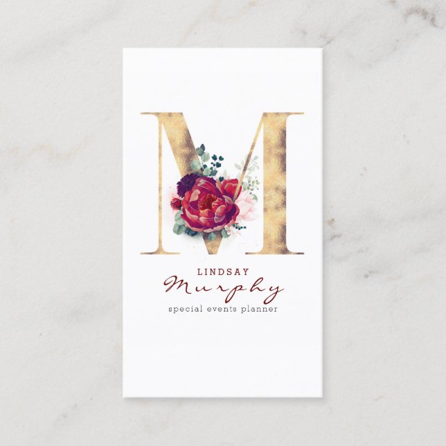 M Monogram Burgundy Red Flowers and Gold Glitter Business Card (Front)