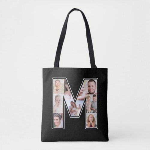 M Monogram Create Your Own 9 Photo Collage Black Tote Bag