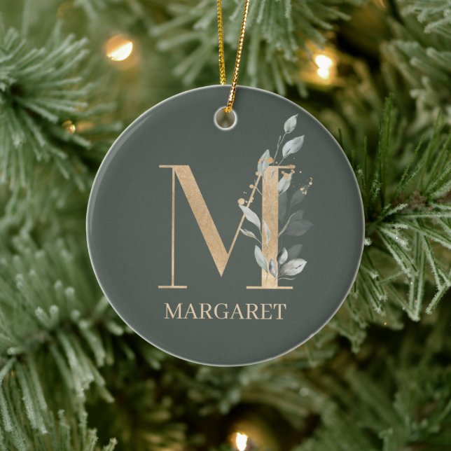 M Monogram Floral Personalized Ceramic Ornament (Tree)
