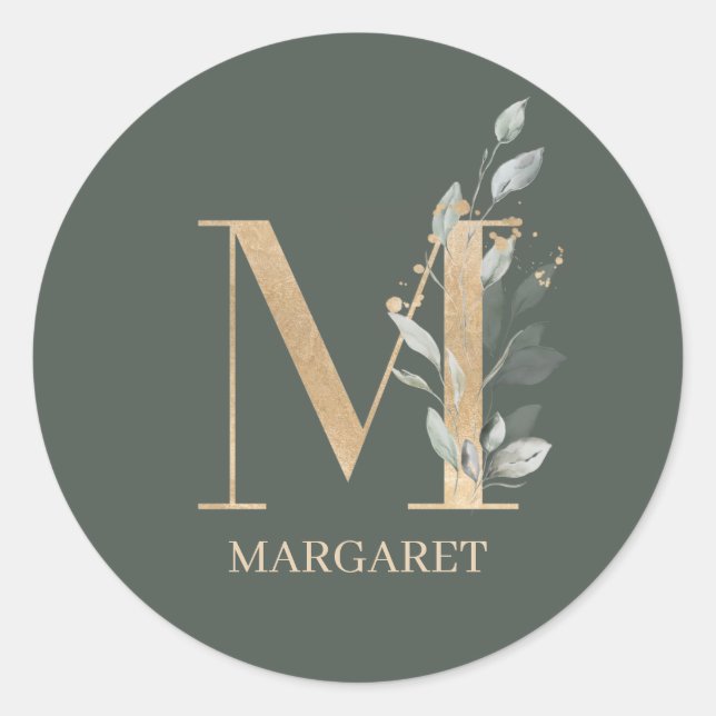 M Monogram Floral Personalized Classic Round Sticker (Front)