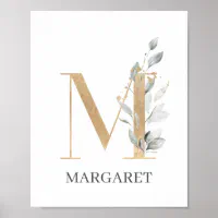 Floral Pink Gold Letter M Print First Initial Monogram 