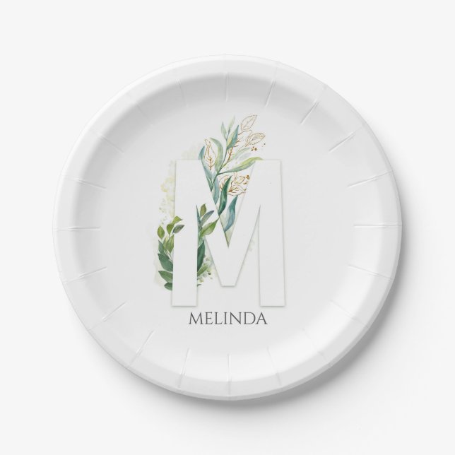 M Monogram Gold Greenery Leaves Elegant Name Paper Plates (Front)