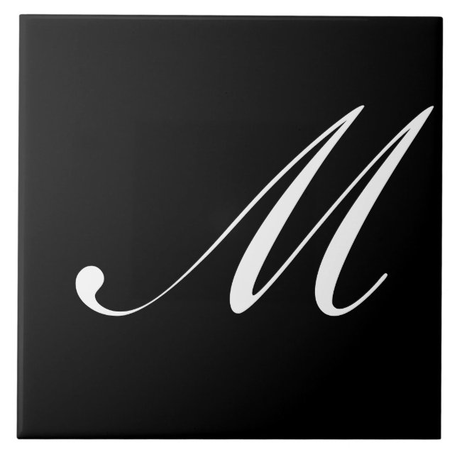 M Monogram Initial White on Black Ceramic Tile (Front)