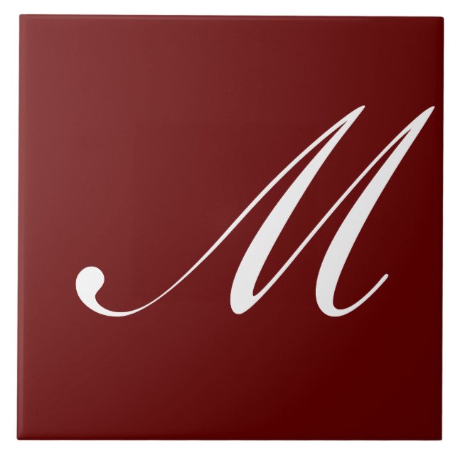 M Monogram Initial White on Dark Red, Ceramic Tile (Front)