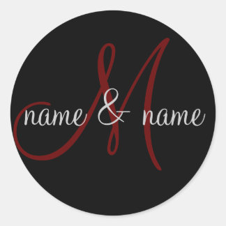 "M" monogram label, personalize first names Classic Round Sticker
