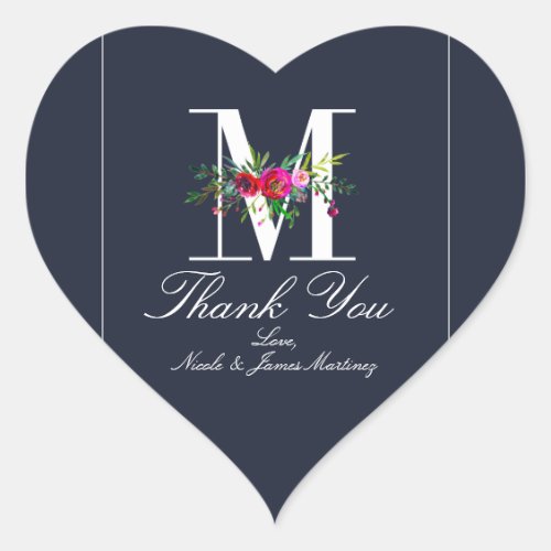 M Monogram Last Initial Modern Blue Floral Wedding Heart Sticker