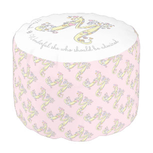 M monogram Miranda name meaning pink white pouf