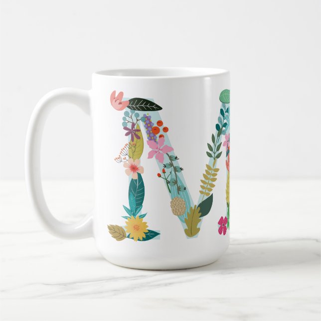 M Monogram Mug, Floral M Initial, Botanical Coffee Mug (Left)