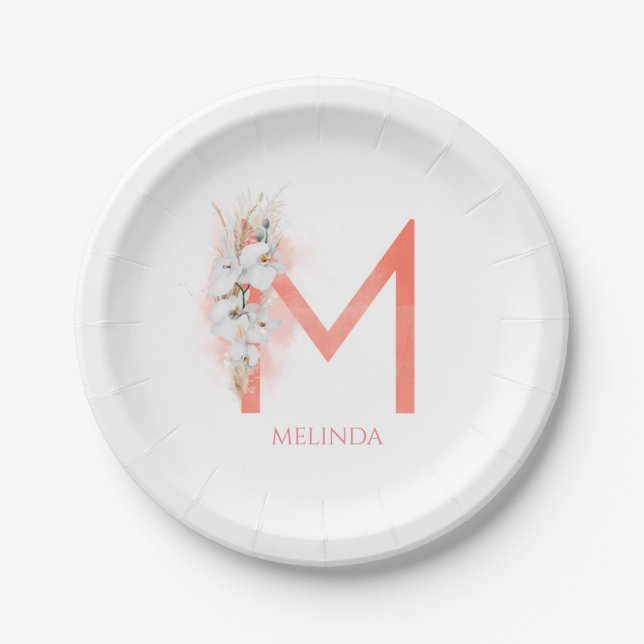 M Monogram Name Pampas Grass White Orchids Paper Plates (Front)